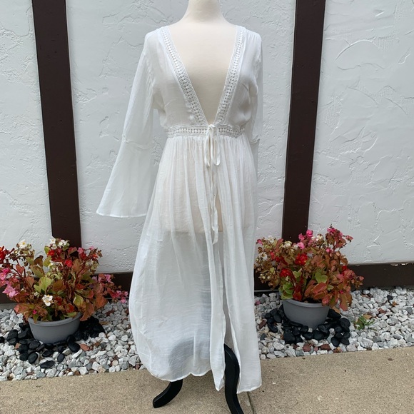 New Boho Flowy Mesh Lace Tie Maxi Kimono Dress Duster Jacket Robe Swim Cover Up - Picture 14 of 16